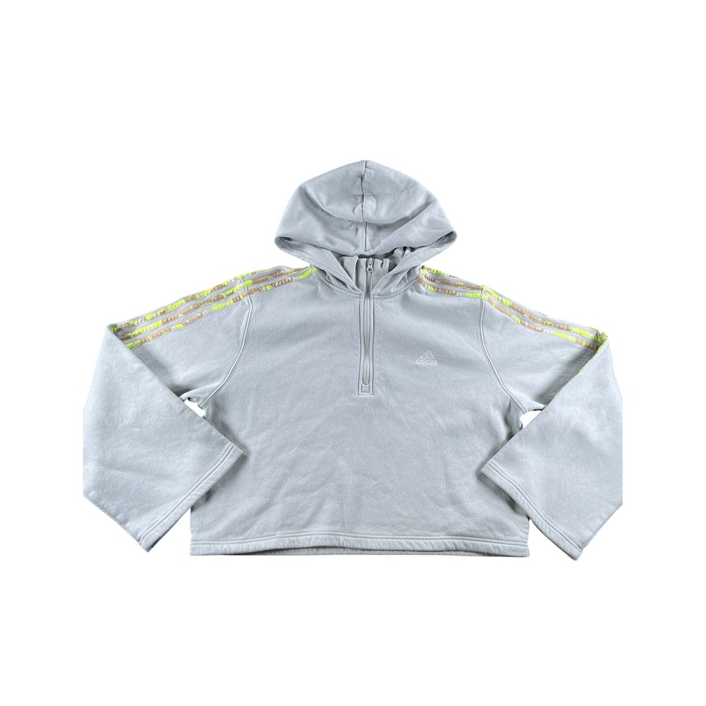 Adidas Womens XL Light Gray Camo Stripe Quarter Zip Cropped Fleece Hoodie